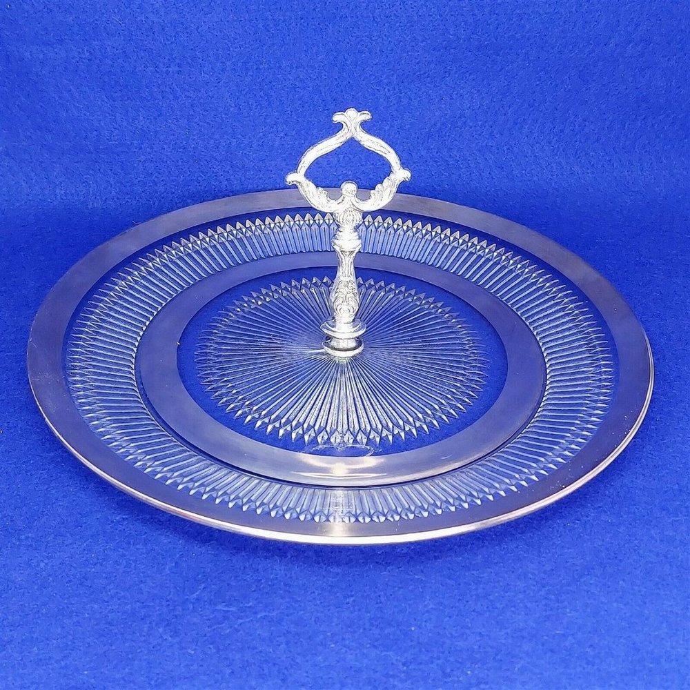 Serving Platter Glass with Silver Trim Ornate Silver Handle Vintage Glassware